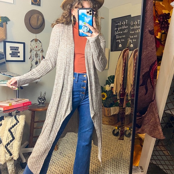 Edista Marled Neutral Beige Long Waterfall Sweater Cardigan Size Small - Picture 14 of 14